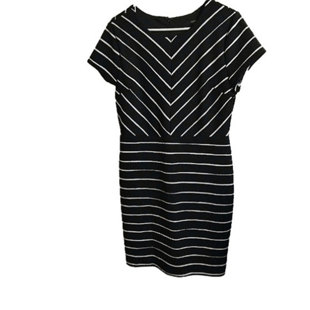 𝅺BANANA REPUBLIC Black & White Striped‎ Cap Sleeve Back Zip Sheath Dress 12P